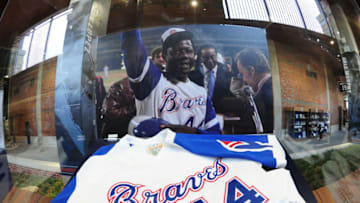 ATLANTA, GA - MARCH 31: A jersey recognizing career home run 715 of Hank Aaron is shown in the Monument Grove area of SunTrust Park before the game between the Atlanta Braves and the New York Yankees on March 31, 2017 in Atlanta, Georgia. (Photo by Scott Cunningham/Getty Images)