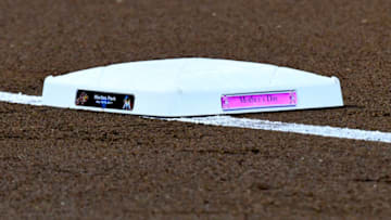 MIAMI, FL - MAY 14: A detailed view of the third base bag before the start of the game between the Atlanta Braves and the Miami Marlins at Marlins Park on May 14, 2017 in Miami, Florida. Players are wearing pink to celebrate Mother's Day weekend and support breast cancer awareness. (Photo by Eric Espada/Getty Images)