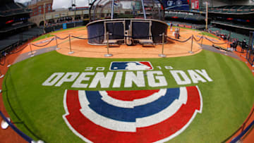 HOUSTON, TX - APRIL 02: A general view of the Opening Day logo at Minute Maid Park before the game between the Houston Astros and Baltimore Orioles on April 2, 2018 in Houston, Texas. (Photo by Bob Levey/Getty Images)