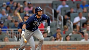 ATLANTA, GA - JULY 16: Kevin Kiermaier #39 of the Tampa Bay Rays runs to first base in the fourth inning against the Atlanta Braves at Truist Park on July 16, 2021 in Atlanta, Georgia. (Photo by Edward M. Pio Roda/Getty Images)