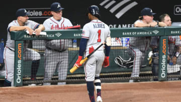 BALTIMORE, MD - AUGUST 21: Ozzie Albies #1 of the Atlanta Braves walks back to the dugout after striking out in third inning during a baseball game against the Baltimore Orioles at Oriole Park at Camden Yards on August 21, 2021 in Baltimore, Maryland. (Photo by Mitchell Layton/Getty Images)