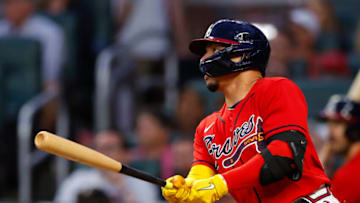 ATLANTA, GA - MAY 27: William Contreras #24 of the Atlanta Braves hits an RBI double during the fifth inning against the Miami Marlins at Truist Park on May 27, 2022 in Atlanta, Georgia. (Photo by Todd Kirkland/Getty Images)