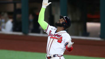 Marcell Ozuna of the Atlanta Braves celebrates after hitting a single  News Photo - Getty Images
