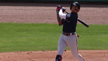 FORT MYERS, FLORIDA - MARCH 10: Johan Camargo #17 of the Atlanta Braves bats against the Boston Red Sox in a spring training game at JetBlue Park at Fenway South on March 10, 2021 in Fort Myers, Florida. (Photo by Mark Brown/Getty Images)