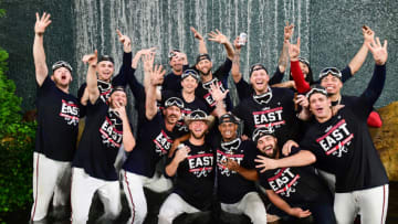 Atlanta Bravesplayers celebrate after winning the NL Eastern Division. (Photo by Adam Hagy/Getty Images)