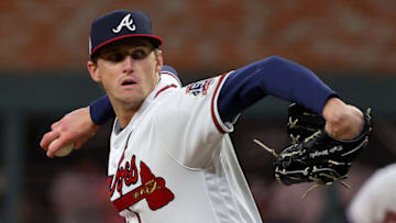 ATLANTA, GEORGIA - OCTOBER 30: Kyle Wright #30 of the Atlanta Braves delivers the pitch against the Houston Astros during the first inning in Game Four of the World Series at Truist Park on October 30, 2021 in Atlanta, Georgia. (Photo by Kevin C. Cox/Getty Images)