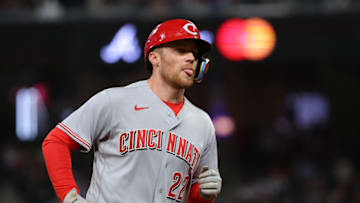 ATLANTA, GEORGIA - APRIL 07: Brandon Drury #22 of the Cincinnati Reds rounds third base after hitting a three-run homer in the sixth inning against the Atlanta Braves at Truist Park on April 07, 2022 in Atlanta, Georgia. (Photo by Kevin C. Cox/Getty Images)