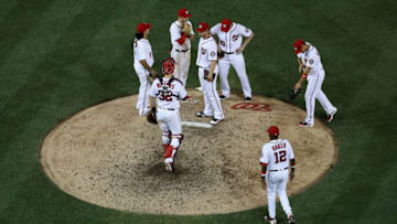 WASHINGTON, DC - JUNE 26: Manager Dusty Baker #12 of the Washington Nationals makes a pitching change against the Chicago Cubs at Nationals Park on June 26, 2017 in Washington, DC. (Photo by Rob Carr/Getty Images)