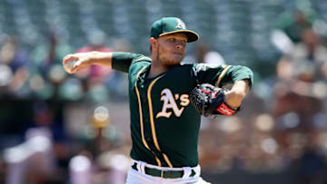 OAKLAND, CA - JULY 19: Sonny Gray #54 of the Oakland Athletics pitches against the Tampa Bay Rays in the first inning at Oakland Alameda Coliseum on July 19, 2017 in Oakland, California. (Photo by Ezra Shaw/Getty Images)