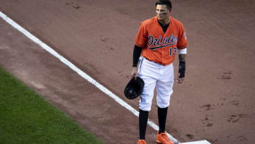 BALTIMORE, MD - JUNE 16: Manny Machado #13 of the Baltimore Orioles looks on during the seventh inning against the Miami Marlins at Oriole Park at Camden Yards on June 16, 2018 in Baltimore, Maryland. (Photo by Scott Taetsch/Getty Images)