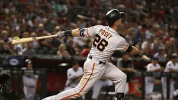 PHOENIX, AZ - JUNE 29: Buster Posey #28 of the San Francisco Giants bats against the Arizona Diamondbacks during the MLB game at Chase Field on June 29, 2018 in Phoenix, Arizona. (Photo by Christian Petersen/Getty Images)