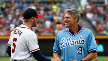 ATLANTA, GA - JULY 11: Former Atlanta Brave Dale Murphy and Freddie Freeman #5 of the Atlanta Braves after throwing out the ceremonial first pitch prior to the game against the Cincinnati Reds at Turner Field on July 11, 2013 in Atlanta, Georgia. (Photo by Kevin C. Cox/Getty Images)