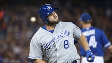 TORONTO, ON - SEPTEMBER 21: Mike Moustakas #8 of the Kansas City Royals reacts after grounding into a double play in the fourth inning during MLB game action against the Toronto Blue Jays at Rogers Centre on September 21, 2017 in Toronto, Canada. (Photo by Tom Szczerbowski/Getty Images)