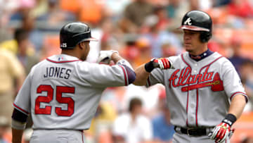 WASHINGTON - MAY 17: Chipper Jones #10 is congratulated by Andruw Jones #25 of the Atlanta Braves after hitting a home run against the Washington Nationals at RFK Stadium May 17, 2007 in Washington, DC. (Photo by Greg Fiume/Getty Images)