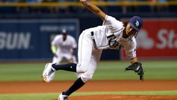 ST. PETERSBURG, FL - AUGUST 22: Pitcher Chris Archer #22 of the Tampa Bay Rays pitches during the first inning of a game against the Toronto Blue Jays on August 22, 2017 at Tropicana Field in St. Petersburg, Florida. (Photo by Brian Blanco/Getty Images)