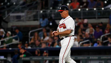 ATLANTA, GA - JUNE 05: Brian Snitker #43 of the Atlanta Braves walks out to the mound against the Philadelphia Phillies at SunTrust Park on June 5, 2017 in Atlanta, Georgia. (Photo by Kevin C. Cox/Getty Images)