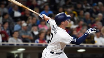 Could the Padres' overcrowded outfield make Hunter Renfroe - seen here homering against the Diam0ndbacks last year -an Atlanta Braves target?(Photo by Denis Poroy/Getty Images)