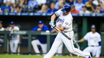 KANSAS CITY, MO - MAY 04: Mike Moustakas #8 of the Kansas City Royals swings at the ball during the first inning against the Detroit Tigers at Kauffman Stadium on May 4, 2018 in Kansas City, Missouri. (Photo by Brian Davidson/Getty Images)
