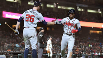 SAN FRANCISCO, CA - SEPTEMBER 11: Ender Inciarte #11 of the Atlanta Braves is congratulated by Mike Foltynewicz #26 after Inciarte scored against the San Francisco Giants in the top of the eighth inning at AT&T Park on September 11, 2018 in San Francisco, California. (Photo by Thearon W. Henderson/Getty Images)