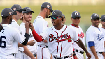 SURPRISE, AZ - NOVEMBER 03: AFL West All-Star, Cristian Pache #27 of the Atlanta Braves is introduced to the Arizona Fall League All Star Game at Surprise Stadium on November 3, 2018 in Surprise, Arizona. (Photo by Christian Petersen/Getty Images)