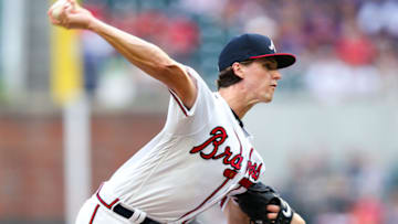 ATLANTA, GA - JULY 18: Kyle Wright #30 of the Atlanta Braves pitches during the first inning of the game against the Washington Nationals at SunTrust Park on July 18, 2019 in Atlanta, Georgia. (Photo by Carmen Mandato/Getty Images)