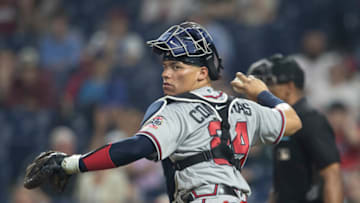 PHILADELPHIA, PA - JUNE 08: William Contreras #24 of the Atlanta Braves throws the ball against the Philadelphia Phillies at Citizens Bank Park on June 8, 2021 in Philadelphia, Pennsylvania. The Braves defeated the Phillies 9-5. (Photo by Mitchell Leff/Getty Images)