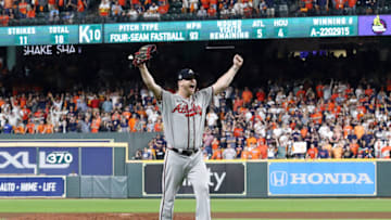HOUSTON, TEXAS - NOVEMBER 02: Will Smith #51 of the Atlanta Braves celebrates after closing out the team's 7-0 win against the Houston Astros in Game Six to win the 2021 World Series at Minute Maid Park on November 02, 2021 in Houston, Texas. (Photo by Carmen Mandato/Getty Images)