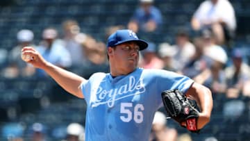 KANSAS CITY, MISSOURI - JULY 11: Starting pitcher Brad Keller #56 of the Kansas City Royals pitches during the 1st inning of game one of a doubleheader against the Detroit Tigers at Kauffman Stadium on July 11, 2022 in Kansas City, Missouri. (Photo by Jamie Squire/Getty Images)