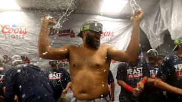 Kenley Jansen of the Atlanta Braves shows that pitchers are athletes too. (Photo by Megan Briggs/Getty Images)