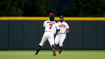 ATLANTA, GEORGIA - OCTOBER 12: Dansby Swanson #7 of the Atlanta Braves catches an out against the Philadelphia Phillies during the sixth inning in game two of the National League Division Series at Truist Park on October 12, 2022 in Atlanta, Georgia. (Photo by Patrick Smith/Getty Images)