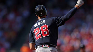 PHILADELPHIA, PENNSYLVANIA - OCTOBER 15: Matt Olson #28 of the Atlanta Braves runs the bases following a home run against the Philadelphia Phillies during the fourth inning in game four of the National League Division Series at Citizens Bank Park on October 15, 2022 in Philadelphia, Pennsylvania. (Photo by Patrick Smith/Getty Images)