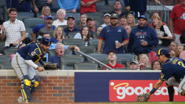 The Atlanta Braves lost another Rule Book fight on this trapped ball that Luis Urias nearly caught. Mandatory Credit: Brett Davis-USA TODAY Sports