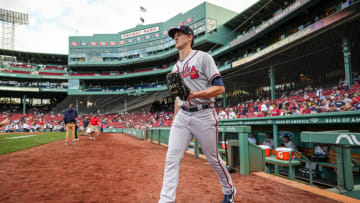 Atlanta Braves starting pitcher Kyle Wright (30) makes his way to the bullpen before a game against the Boston Red Sox at Fenway Park. Mandatory Credit: David Butler II-USA TODAY Sports