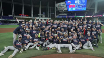 The Atlanta Braves celebrate winning the NL East division. Mandatory Credit: Jim Rassol-USA TODAY