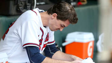 Oct 11, 2022; Atlanta, Georgia, USA; Atlanta Braves starting pitcher Max Fried (54) sits in the dugout after being pulled against the Philadelphia Phillies in the fourth inning during game one of the NLDS for the 2022 MLB Playoffs at Truist Park. Mandatory Credit: Brett Davis-USA TODAY Sports