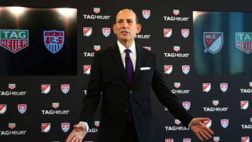 Feb 22, 2016; New York, NY, USA; MLS commissioner Don Garber addresses the guests during the Tag Heuer and MLS and US Soccer partnership announcement at Glasshouses Event Space. Mandatory Credit: Andy Marlin-USA TODAY Sports