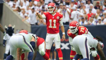 Sep 13, 2015; Houston, TX, USA; Kansas City Chiefs quarterback Alex Smith (11) during the game against the Houston Texans at NRG Stadium. Mandatory Credit: Kevin Jairaj-USA TODAY Sports