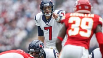 Sep 13, 2015; Houston, TX, USA; Houston Texans quarterback Brian Hoyer (7) calls a play during a game against the Kansas City Chiefs at NRG Stadium. Mandatory Credit: Troy Taormina-USA TODAY Sports