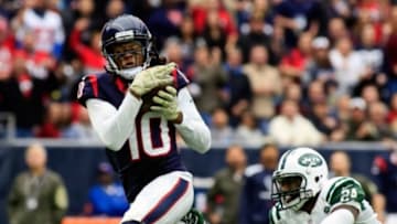 Nov 22, 2015; Houston, TX, USA; Houston Texans wide receiver DeAndre Hopkins (10) against New York Jets cornerback Darrelle Revis (24) during game at NRG Stadium. Houston won 24-17. Mandatory Credit: Ray Carlin-USA TODAY Sports
