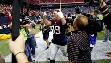 Jan 3, 2016; Houston, TX, USA; Houston Texans defensive end J.J. Watt (99) celebrates after the game against the Jacksonville Jaguars at NRG Stadium. Mandatory Credit: Kevin Jairaj-USA TODAY Sports