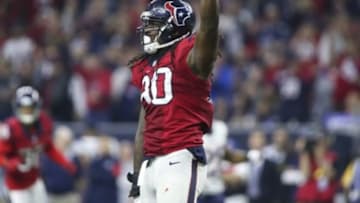 Dec 13, 2015; Houston, TX, USA; Houston Texans outside linebacker Jadeveon Clowney (90) celebrates after a sack during the third quarter against the New England Patriots at NRG Stadium. The Patriots defeated the Texans 27-6. Mandatory Credit: Troy Taormina-USA TODAY Sports