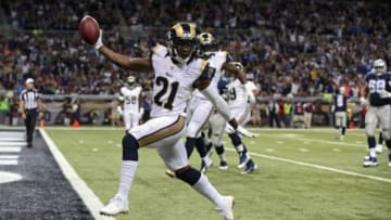 Sep 21, 2014; St. Louis, MO, USA; St. Louis Rams cornerback Janoris Jenkins (21) celebrates as he runs back an intercepted pass for a touchdown during the first half against the Dallas Cowboys at the Edward Jones Dome. Mandatory Credit: Jeff Curry-USA TODAY Sports