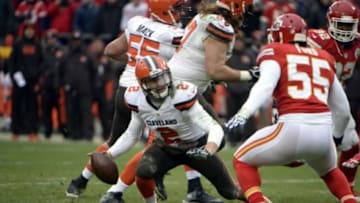 Dec 27, 2015; Kansas City, MO, USA; Cleveland Browns quarterback Johnny Manziel (2) is called for intentional grounding while pressured from Kansas City Chiefs linebacker Dee Ford (55) in the second half at Arrowhead Stadium. Kansas City won the game 17-13. Mandatory Credit: John Rieger-USA TODAY Sports