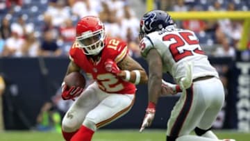 Sep 13, 2015; Houston, TX, USA; Kansas City Chiefs wide receiver Albert Wilson (12) looks to run as Houston Texans cornerback Kareem Jackson (25) defends during the game at NRG Stadium. Mandatory Credit: Kevin Jairaj-USA TODAY Sports