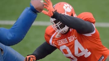 Jan 27, 2016; Mobile, AL, USA; South squad defensive tackle D.J. Reader of Clemson (94) hits a tackling dummy in a drill during Senior Bowl practice at Ladd-Peebles Stadium. Mandatory Credit: Glenn Andrews-USA TODAY Sports