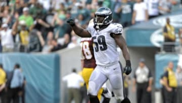 Sep 21, 2014; Philadelphia, PA, USA; Philadelphia Eagles inside linebacker DeMeco Ryans (59) celebrates a defensive stop on third down against the Washington Redskins at Lincoln Financial Field. The Eagles defeated the Redskins, 37-34. Mandatory Credit: Eric Hartline-USA TODAY Sports