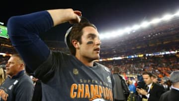 Feb 7, 2016; Santa Clara, CA, USA; Denver Broncos quarterback Brock Osweiler celebrates after defeating the Carolina Panthers in Super Bowl 50 at Levi