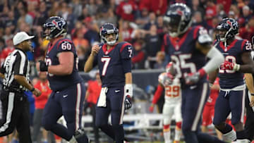 Jan 9, 2016; Houston, TX, USA; Houston Texans quarterback Brian Hoyer (7) reacts as he walks off the field during the in the second quarter in a AFC Wild Card playoff football game against the Kansas City Chiefs at NRG Stadium. Mandatory Credit: Kirby Lee-USA TODAY Sports