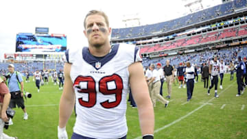 Dec 27, 2015; Nashville, TN, USA; Houston Texans defensive end J.J. Watt (99) after a win against the Tennessee Titans at Nissan Stadium. The Texans won 34-6. Mandatory Credit: Christopher Hanewinckel-USA TODAY Sports