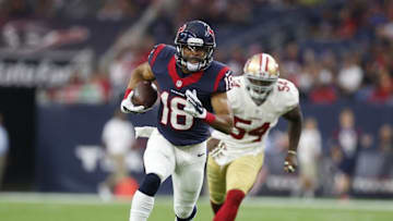 Aug 15, 2015; Houston, TX, USA; Houston Texans receiver Cecil Shorts III (18) runs for a touchdown after a reception in the first quarter against San Francisco 49ers linebacker Nick Moody (54) in a preseason NFL football game at NRG Stadium. Mandatory Credit: Matthew Emmons-USA TODAY Sports